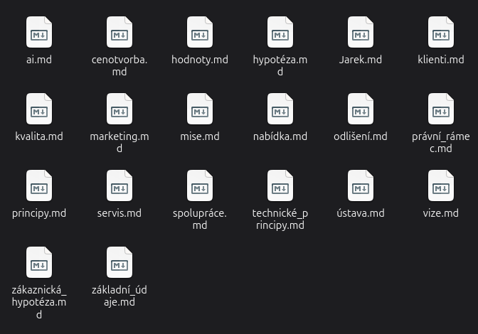 Sada textových souborů s jednotlivými částmi firemní ústavy