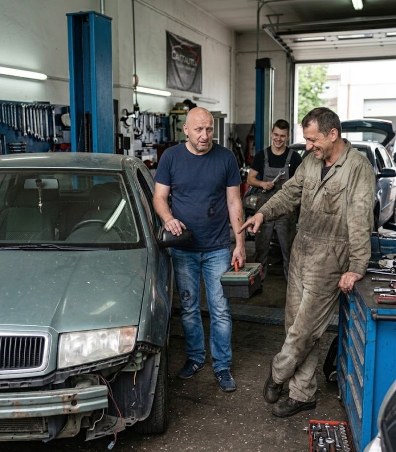 The owner of a partly dismantled car talks with a mechanic who points out what needs repairing